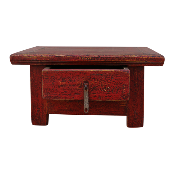 Coffee table wood red with drawer sideview