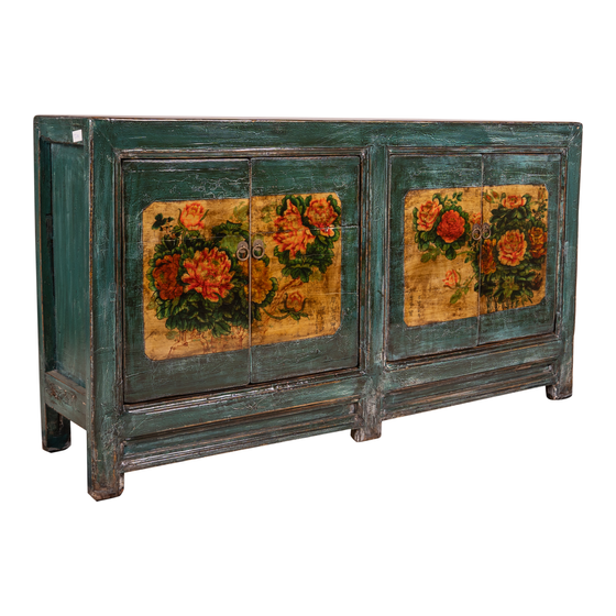 Sideboard lacquer blue with flower painting 4drs