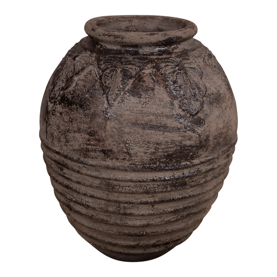 Pot terracotta grey with leaf and stripe pattern sideview