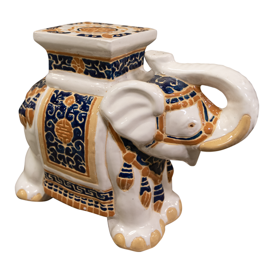 Side table elephant with painting white/blue 54x24x42